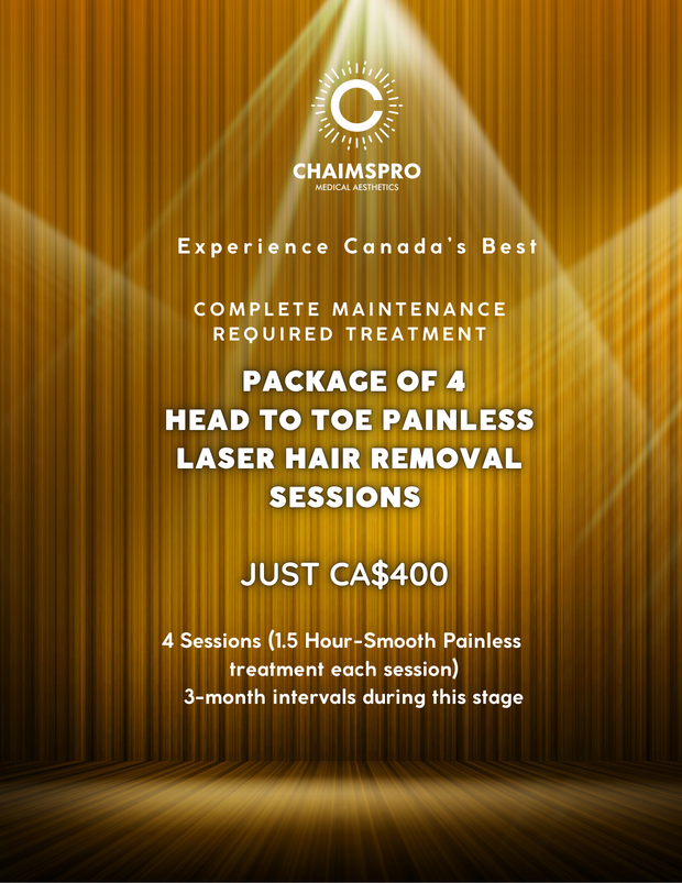 COMPLETE MAINTENANCE REQUIRED TREATMENT PACKAGE OF 4 HEAD TO TOE PAINLESS LASER HAIR REMOVAL SESSIONS