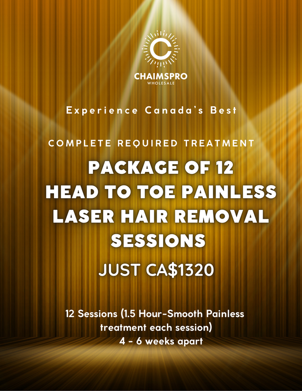 COMPLETE REQUIRED TREATMENT PACKAGE OF 12 HEAD TO TOE PAINLESS LASER HAIR REMOVAL SESSIONS